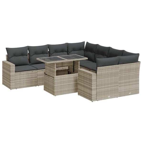 vidaXL 9-delige Loungeset met kussens poly rattan lichtgrijs