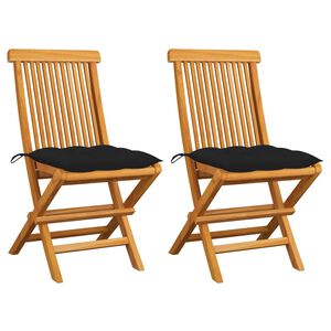 vidaXL Opklapbare stoelen met zwarte kussens, 2 stuks, massief teakhout