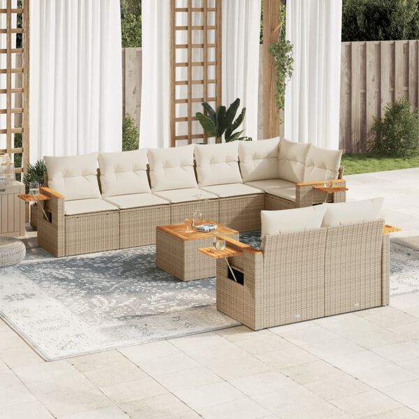 vidaXL 9-delige Loungeset met kussens poly rattan beige