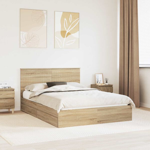 vidaXL Opslag bed met lade Sonoma Eiken 135 x 190 cm Bewerkt hout
