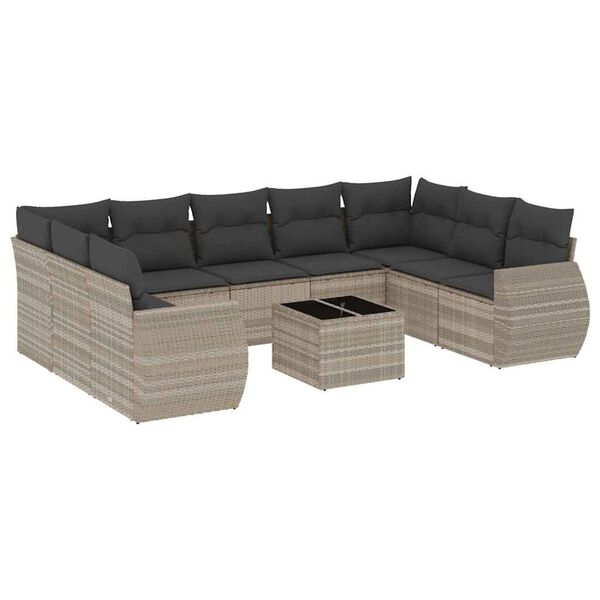 vidaXL 10-delige Loungeset met kussens poly rattan lichtgrijs