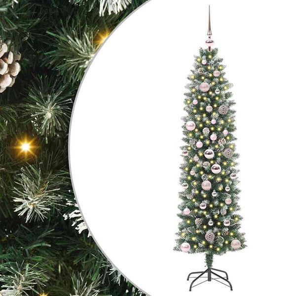 vidaXL Kunstmatige slanke kerstboom met 150 LED Groen en Wit 150 cm
