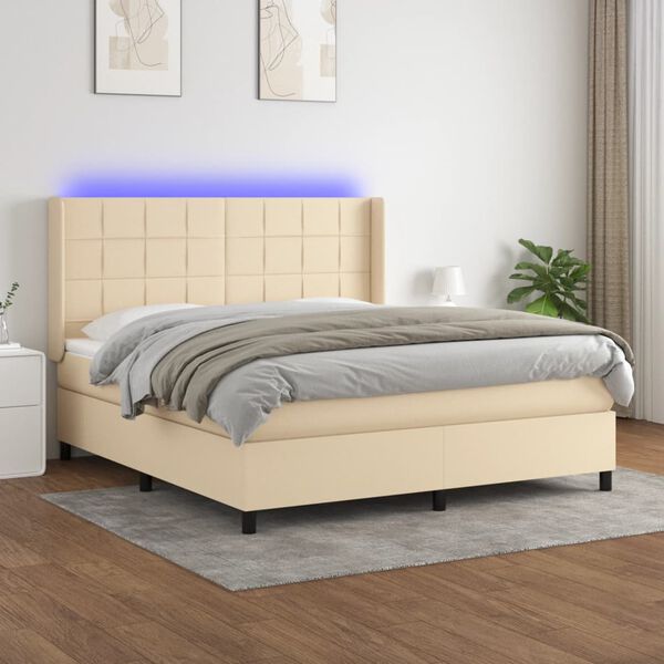 vidaXL Boxspring met matras en LED stof cr&egrave;mekleurig 180x200 cm