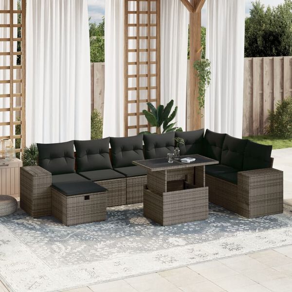 vidaXL 9-delige Loungeset met kussens poly rattan grijs