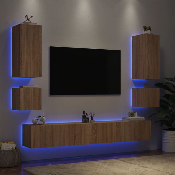 vidaXL 6-delige Tv-wandmeubelset met LED-verlichting sonoma eikenkleur