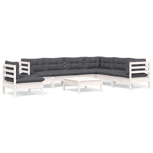 vidaXL 8-delige Loungeset met kussens massief grenenhout wit