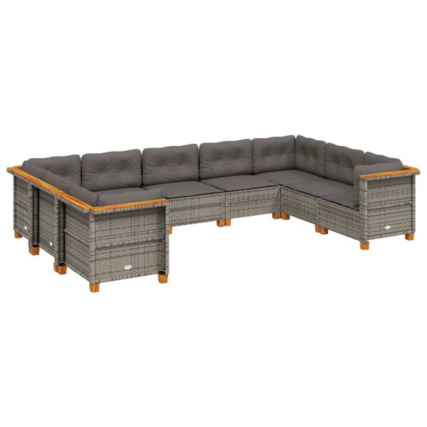 vidaXL 9-delige Loungeset met kussens poly rattan grijs