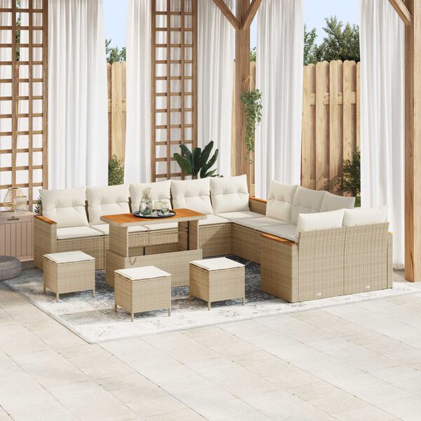 vidaXL Tuin Sofa Set met kussen met opslag Beige Poly riet