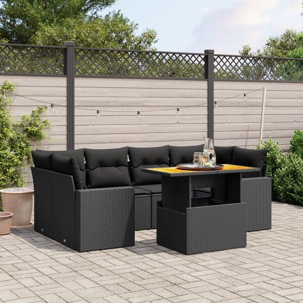 vidaXL 7-delige Loungeset met kussens poly rattan zwart