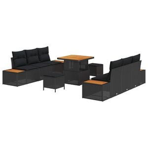 vidaXL Tuinbankenset met kussen met opslag 9 pcs Zwart Poly riet