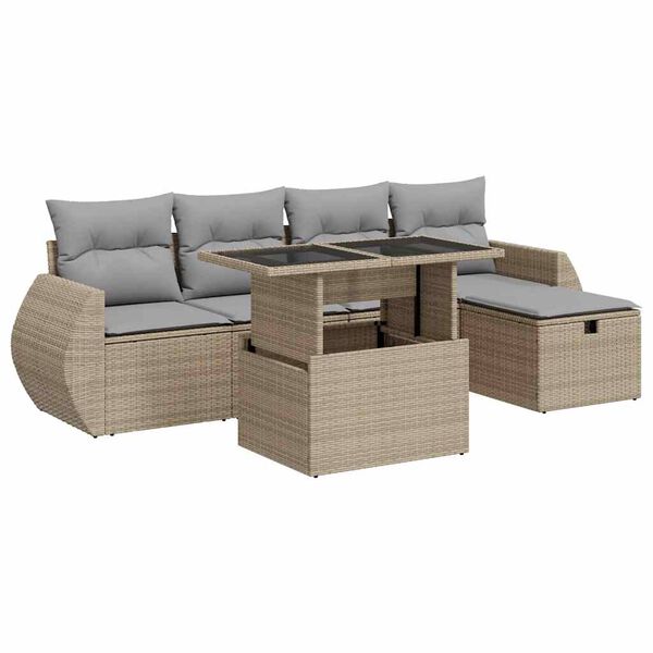 vidaXL 6-delige Loungeset met kussens poly rattan beige