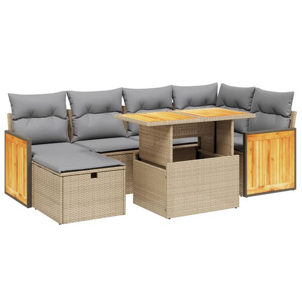vidaXL 7-delige Loungeset met kussens poly rattan beige