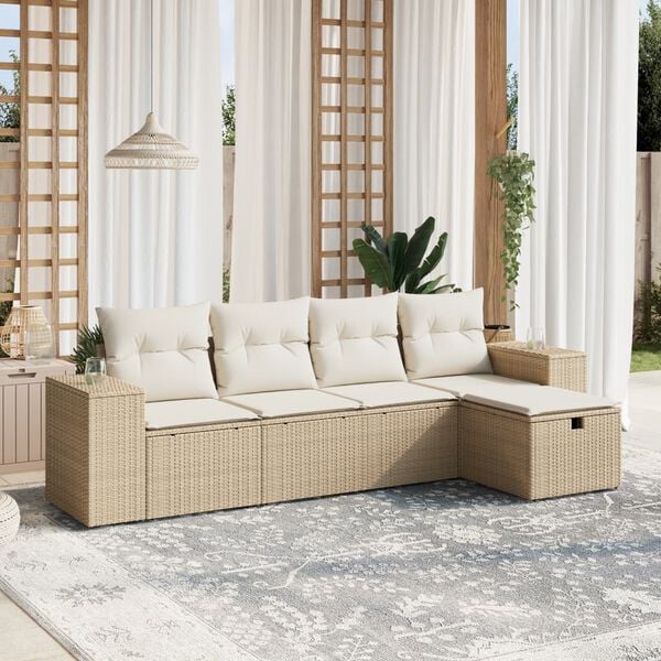 vidaXL 5-delige Loungeset met kussens poly rattan beige