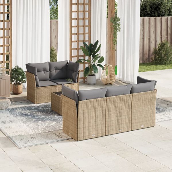 vidaXL 6-delige Loungeset met kussens poly rattan beige