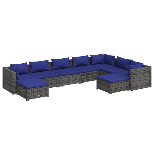 vidaXL 9-delige Loungeset met kussens poly rattan grijs