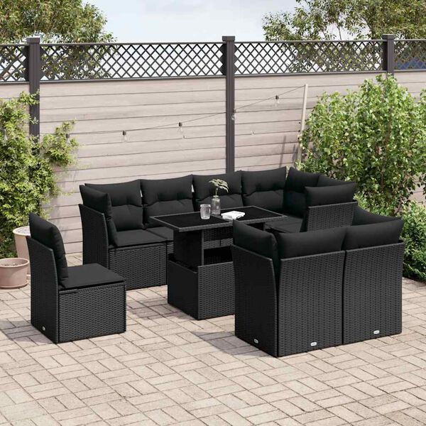 vidaXL 9-delige Loungeset met kussens poly rattan zwart