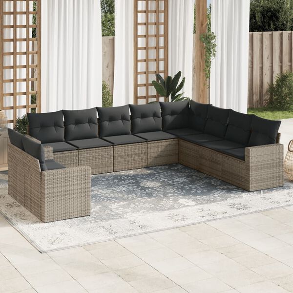 vidaXL 10-delige Loungeset met kussens poly rattan grijs