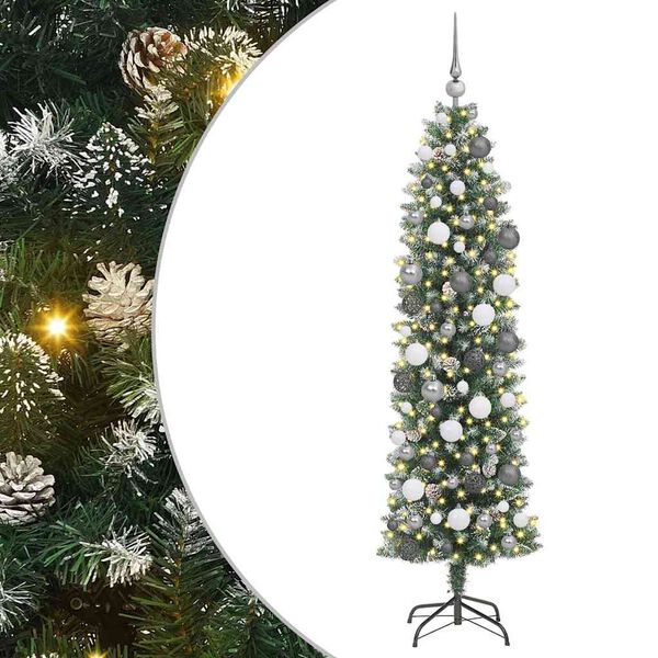 vidaXL Kunstmatige slanke kerstboom met 300 LED Groen en Wit 180 cm