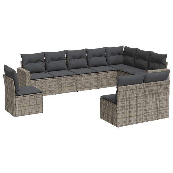 vidaXL 10-delige Loungeset met kussens poly rattan grijs