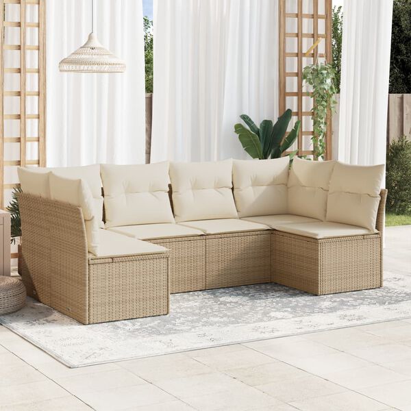 vidaXL 6-delige Loungeset met kussens poly rattan beige