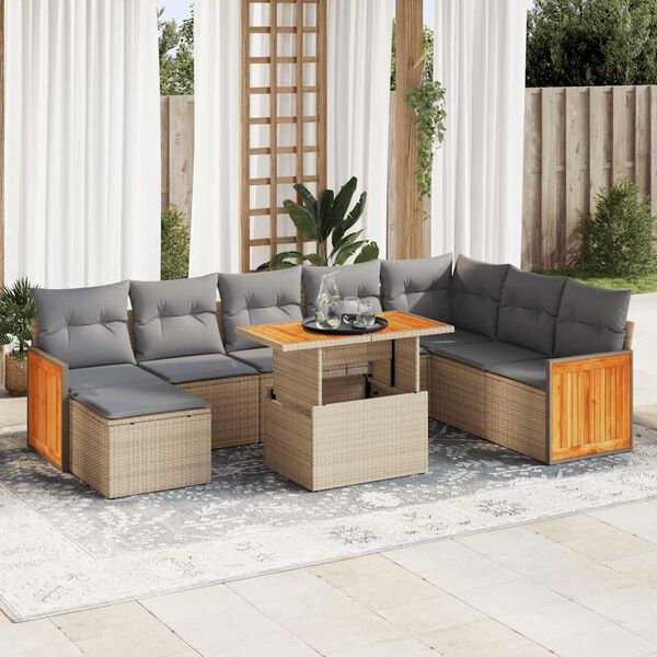 vidaXL 9-delige Loungeset met kussens poly rattan acacia beige