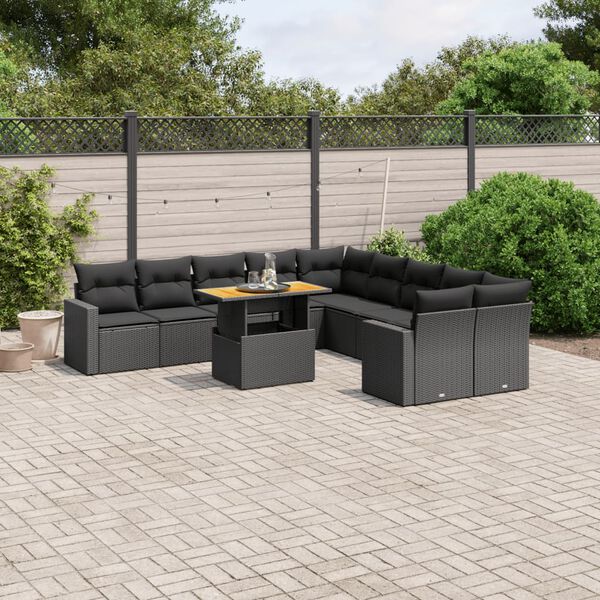 vidaXL 11-delige Loungeset met kussens poly rattan zwart