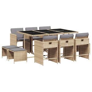 vidaXL 11-delige Tuinset met kussens poly rattan gemengd beige