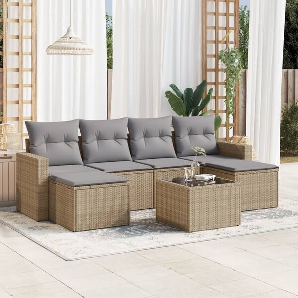 vidaXL 7-delige Loungeset met kussens poly rattan beige