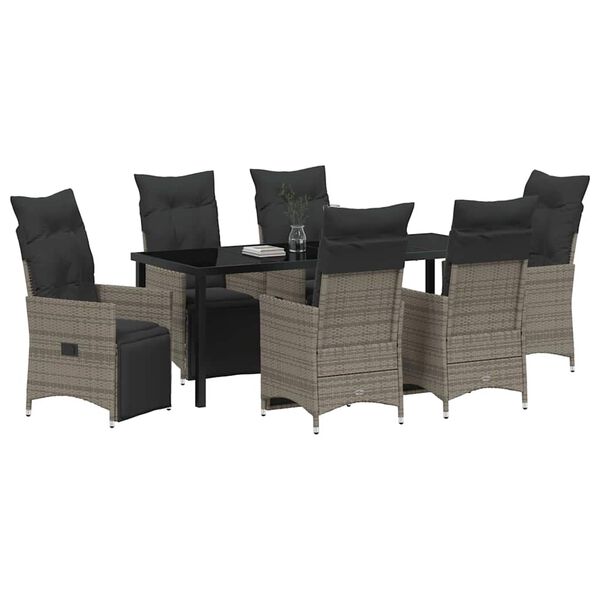 vidaXL Tuin eettafelset met kussen 7 pcs Grijs poly rattan