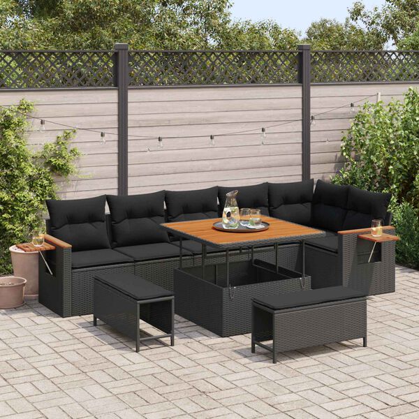 vidaXL Tuinbankenset 9 pcs Zwart Poly rattan en gepoedercoat staal