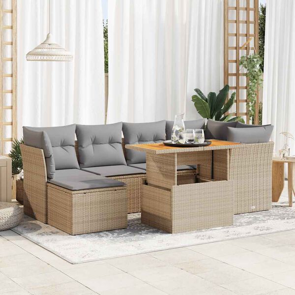 vidaXL 7-delige Loungeset met kussens poly rattan beige