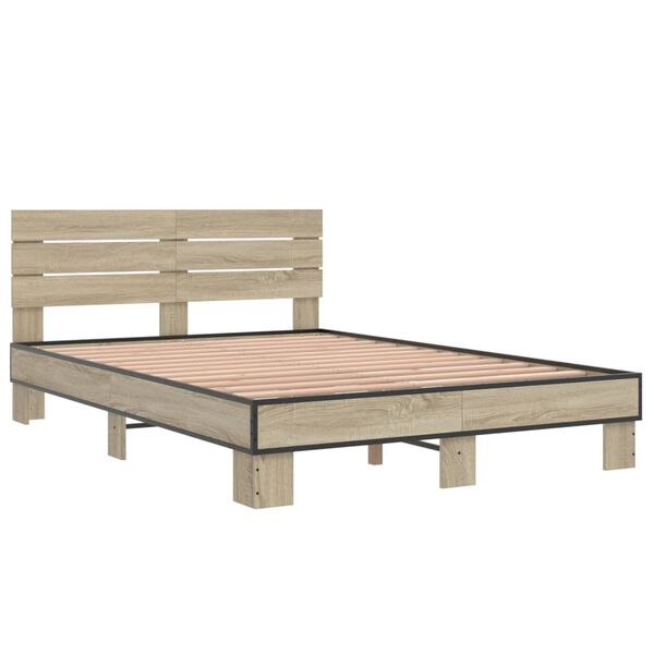 vidaXL Bedframe bewerkt hout metaal sonoma eikenkleurig 135x190 cm