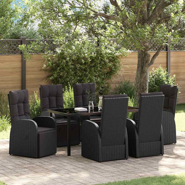 vidaXL Tuin eettafelset met kussen 7 pcs Zwart poly rattan
