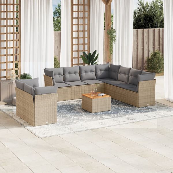 vidaXL 10-delige Loungeset met kussens poly rattan beige