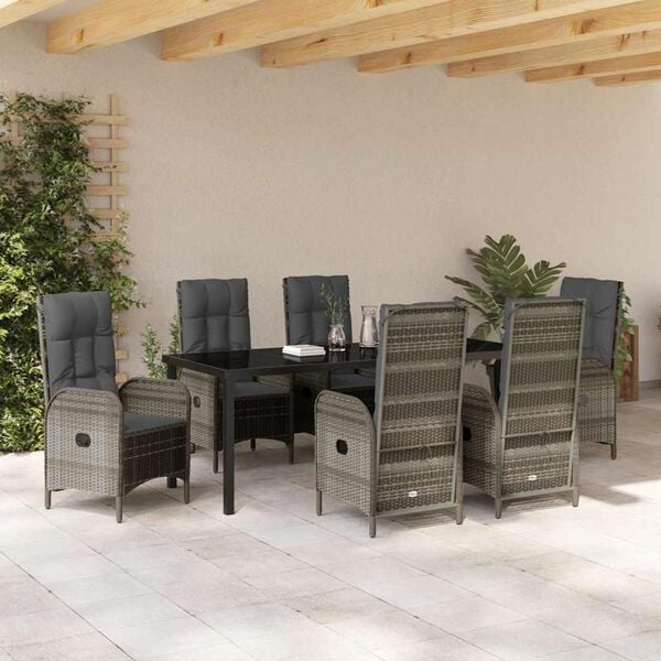 vidaXL Tuin eettafelset met kussen 7 pcs Grijs poly rattan