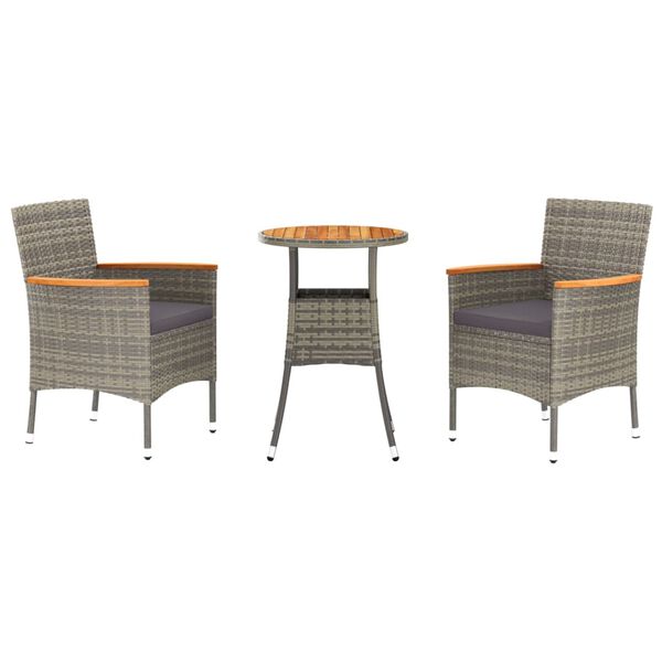 vidaXL 3-delige Bistroset met kussens poly rattan grijs