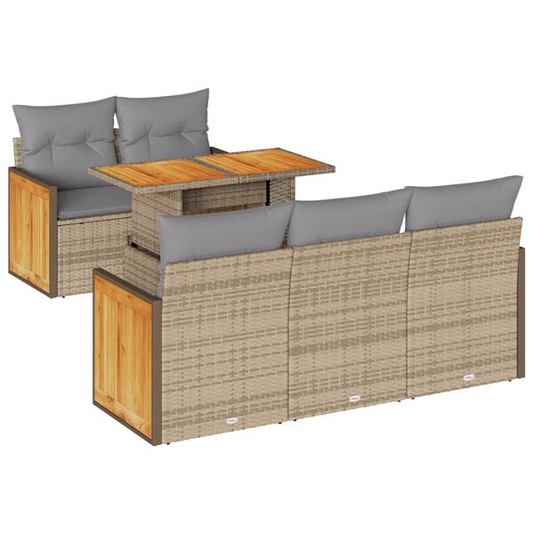 vidaXL 6-delige Loungeset met kussens poly rattan acacia beige