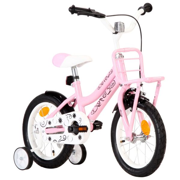 vidaXL Kinderfiets met voordrager 14 inch wit en roze