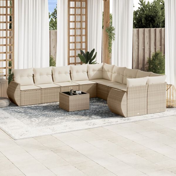 vidaXL 11-delige Tuinset met kussens poly rattan beige