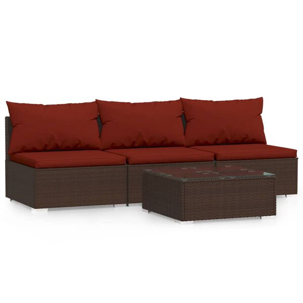 vidaXL 4-delige Loungeset met kussens poly rattan bruin