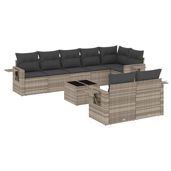 vidaXL 9-delige Loungeset met kussens poly rattan lichtgrijs