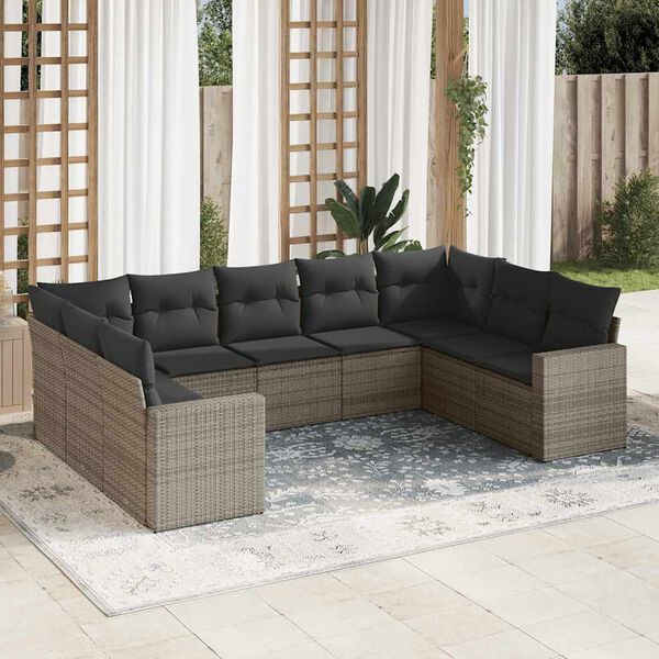 vidaXL 9-delige Loungeset met kussens poly rattan grijs