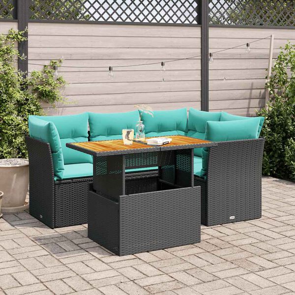 vidaXL 5-delige Loungeset met kussens poly rattan zwart