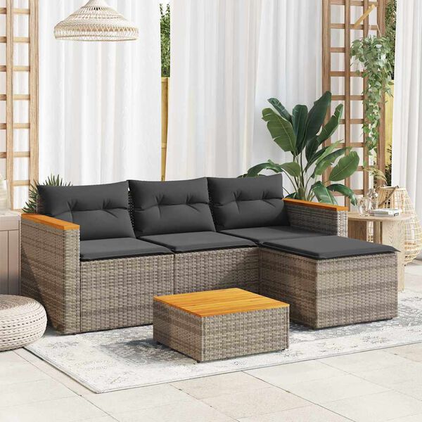 vidaXL 3-delige Loungeset met kussens poly rattan grijs