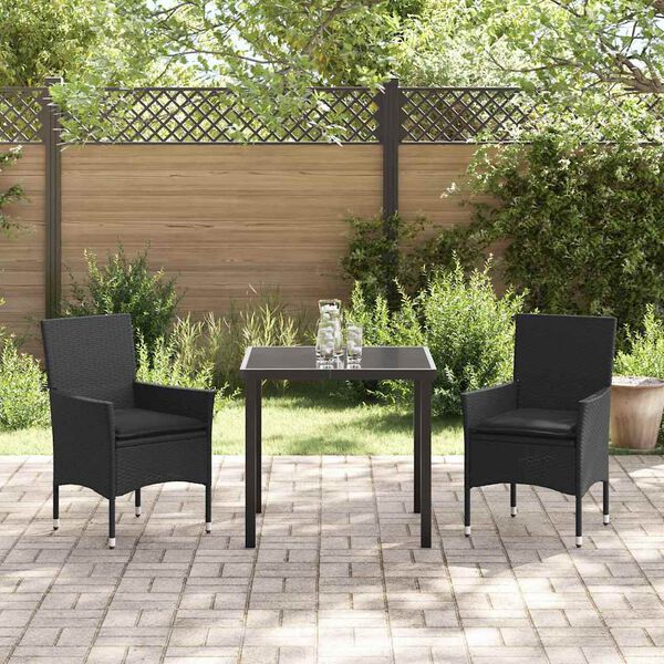 vidaXL Tuin eettafelset met kussen 3 pcs Zwart poly rattan
