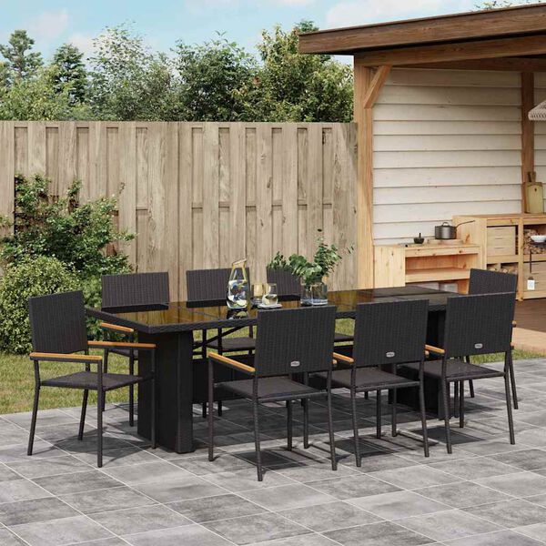 vidaXL Tuin eettafelset 9 pcs Zwart poly rattan