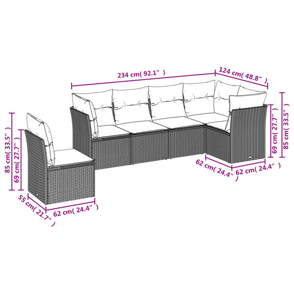 vidaXL 6-delige Loungeset met kussens poly rattan grijs