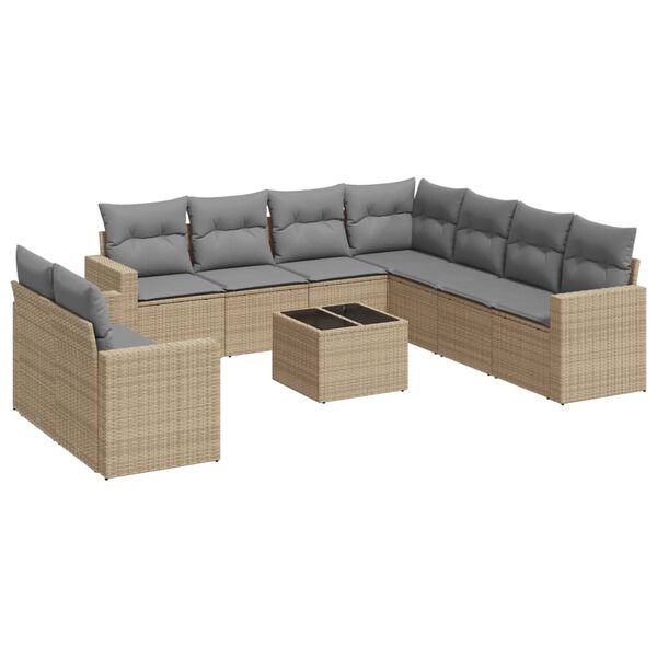 vidaXL 10-delige Loungeset met kussens poly rattan beige