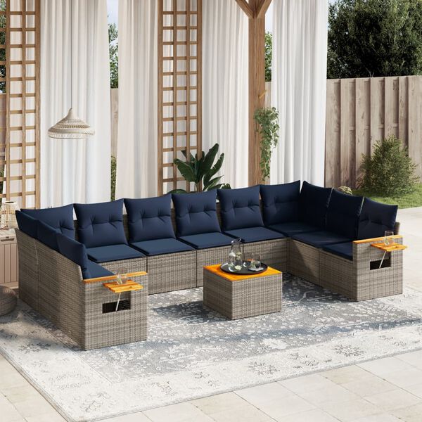 vidaXL 11-delige Loungeset met kussens poly rattan grijs