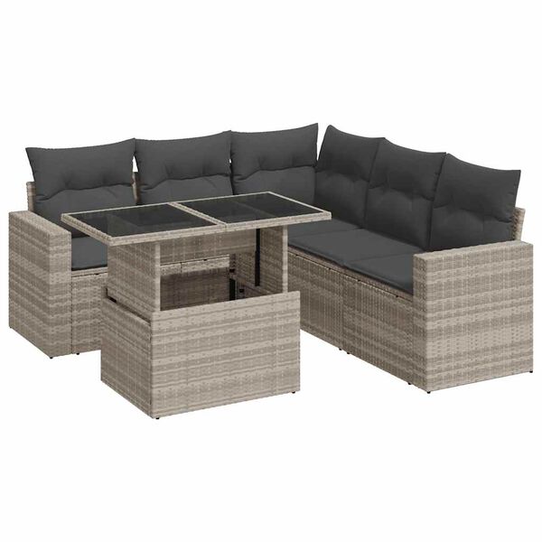 vidaXL 6-delige Loungeset met kussens poly rattan lichtgrijs